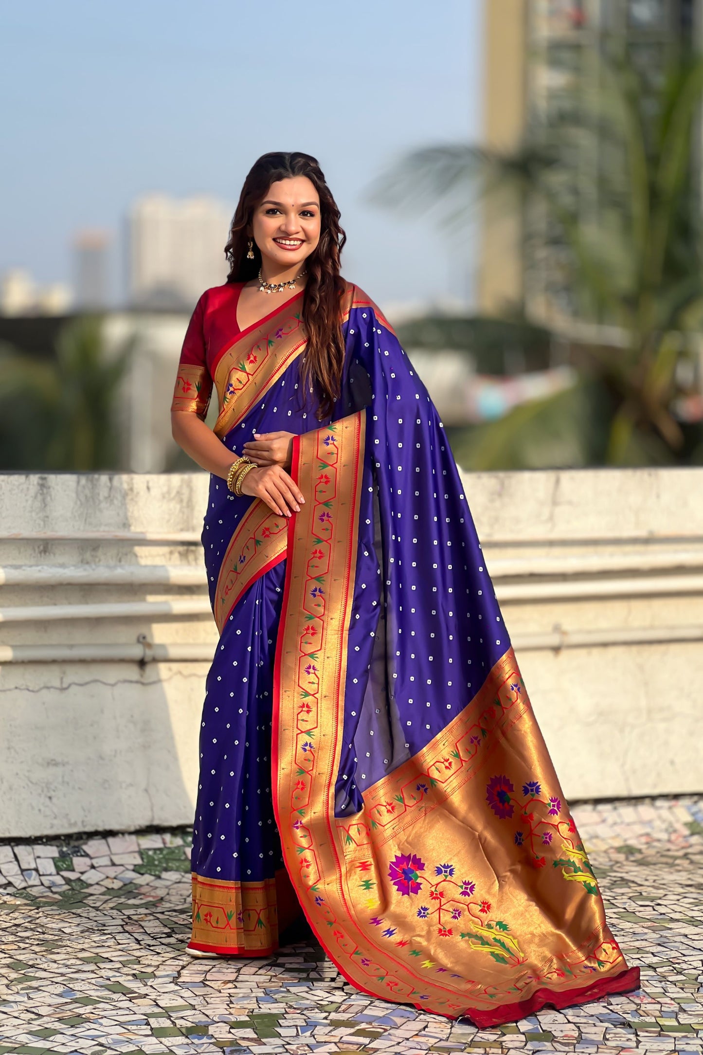 Navy Blue Paithani Silk Saree Traditional Gold Zari Border Floral Pallu