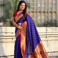 Navy Blue Paithani Silk Saree Traditional Gold Zari Border Floral Pallu 