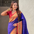 Navy Blue Paithani Silk Saree Traditional Gold Zari Border Floral Pallu