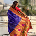 Navy Blue Paithani Silk Saree Traditional Gold Zari Border Floral Pallu