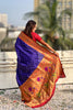 Navy Blue Paithani Silk Saree Traditional Gold Zari Border Floral Pallu