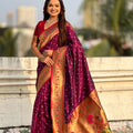 Wine Maroon Paithani Silk Saree Traditional Gold Zari Border Floral Pallu
