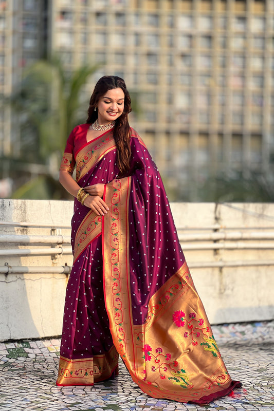 Wine Maroon Paithani Silk Saree Traditional Gold Zari Border Floral Pallu 