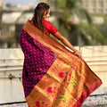 Wine Maroon Paithani Silk Saree Traditional Gold Zari Border Floral Pallu