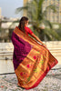 Wine Maroon Paithani Silk Saree Traditional Gold Zari Border Floral Pallu