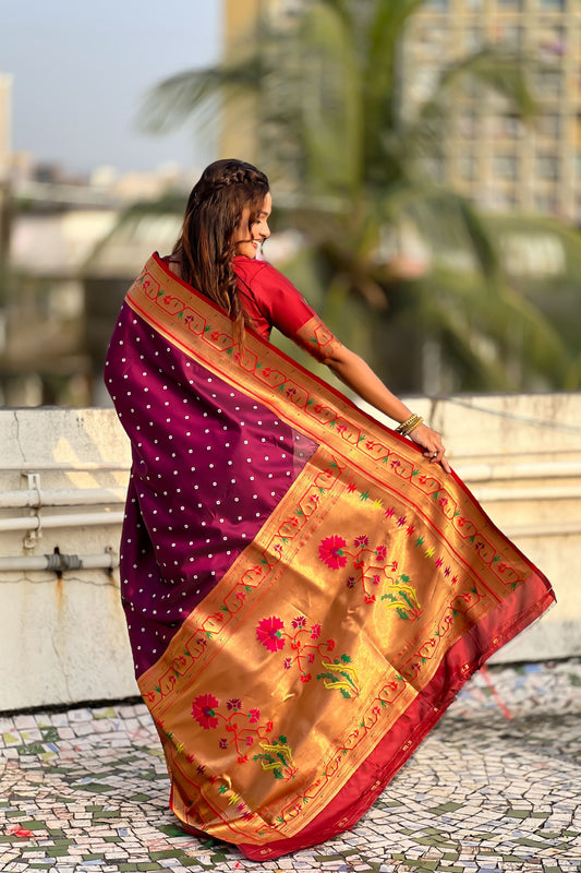 Wine Maroon Paithani Silk Saree Traditional Gold Zari Border Floral Pallu