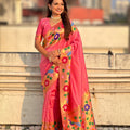 Pink Paithani Silk Saree with Peacock Floral Motifs Golden Zari Border