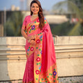 Pink Paithani Silk Saree with Peacock Floral Motifs Golden Zari Border