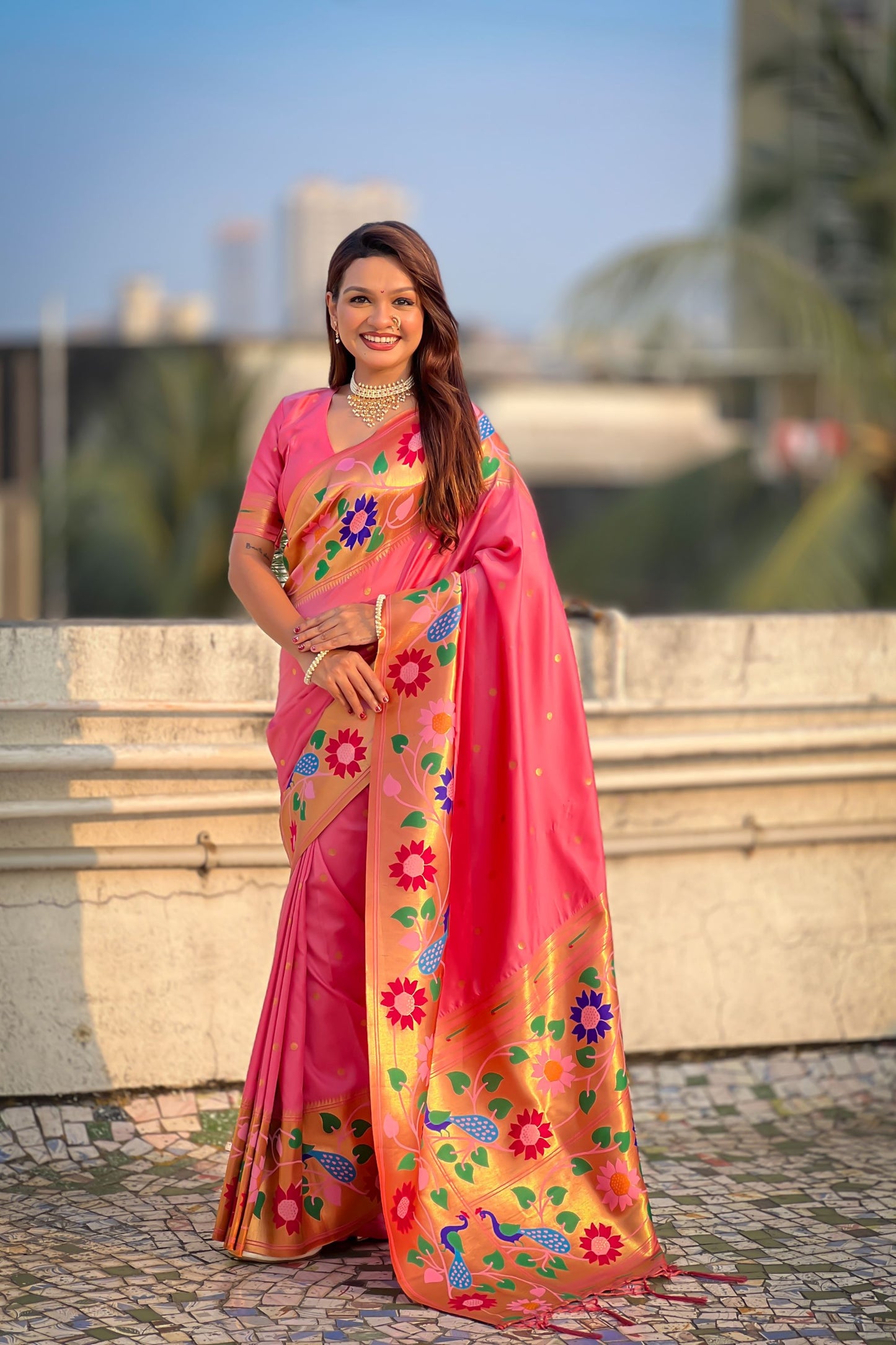 Pink Paithani Silk Saree with Peacock Floral Motifs Golden Zari Border