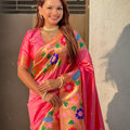 Pink Paithani Silk Saree with Peacock Floral Motifs Golden Zari Border