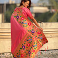 Pink Paithani Silk Saree with Peacock Floral Motifs Golden Zari Border