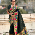 Dark Green Paithani Silk Saree Peacock Floral Motifs Golden Zari Border