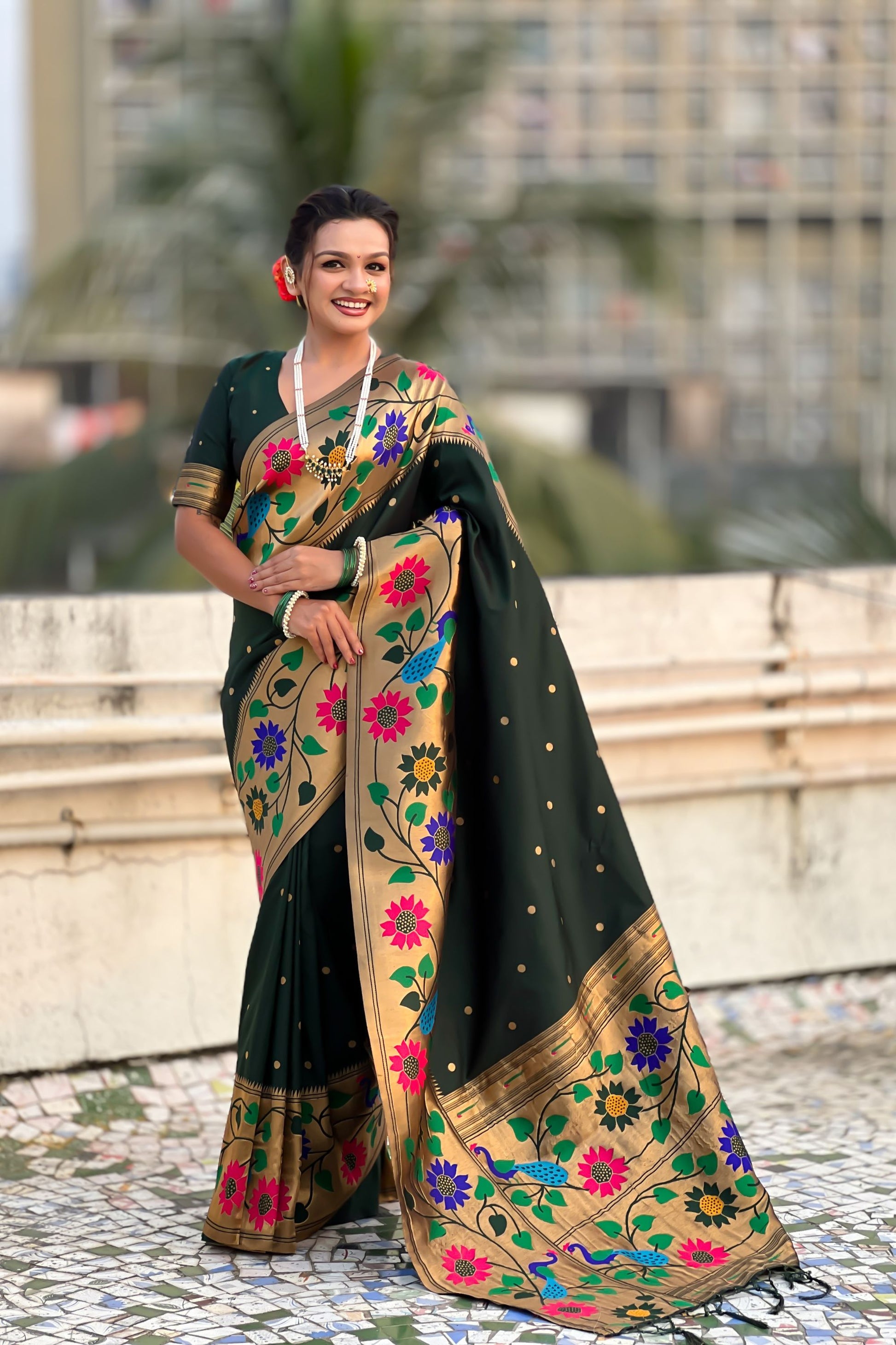 Dark Green Paithani Silk Saree Peacock Floral Motifs Golden Zari Border