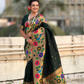 Dark Green Paithani Silk Saree Peacock Floral Motifs Golden Zari Border