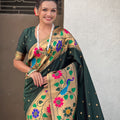 Dark Green Paithani Silk Saree Peacock Floral Motifs Golden Zari Border