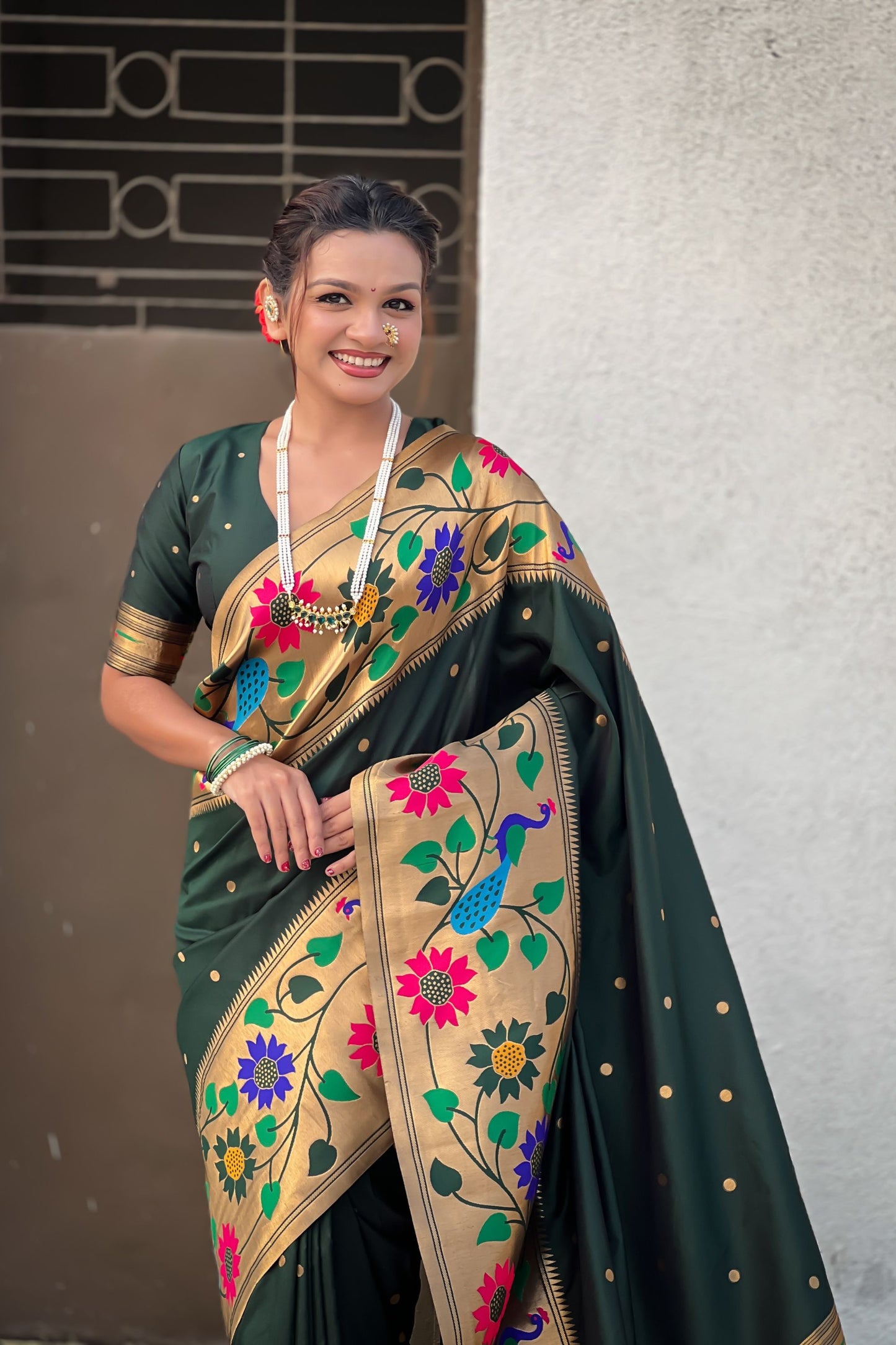 Dark Green Paithani Silk Saree Peacock Floral Motifs Golden Zari Border
