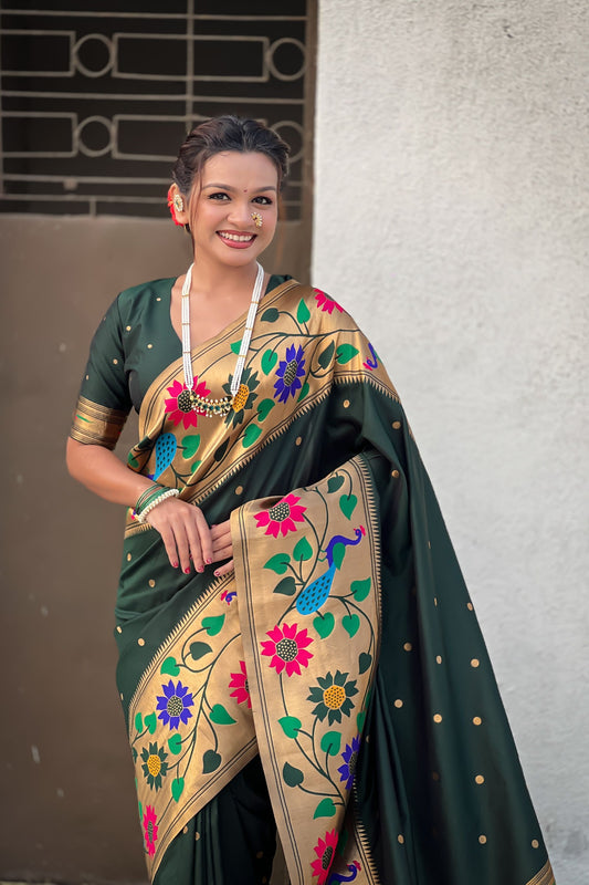 Dark Green Paithani Silk Saree Peacock Floral Motifs Golden Zari Border