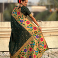Dark Green Paithani Silk Saree Peacock Floral Motifs Golden Zari Border