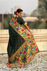 Dark Green Paithani Silk Saree Peacock Floral Motifs Golden Zari Border