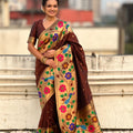 Brown Paithani Silk Saree with Peacock Floral Motifs Golden Zari Border