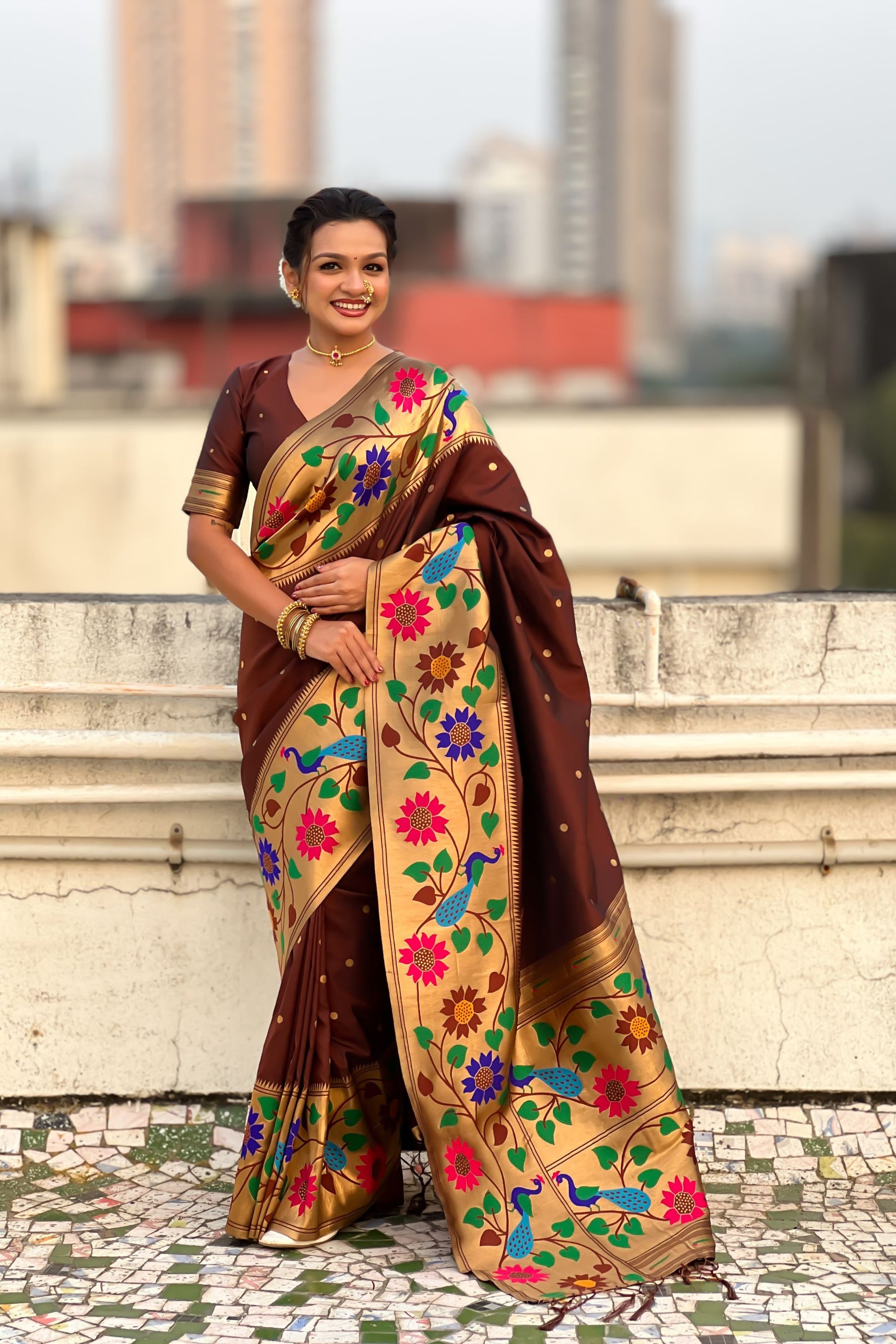 Brown Paithani Silk Saree with Peacock Floral Motifs Golden Zari Border