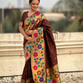 Brown Paithani Silk Saree with Peacock Floral Motifs Golden Zari Border