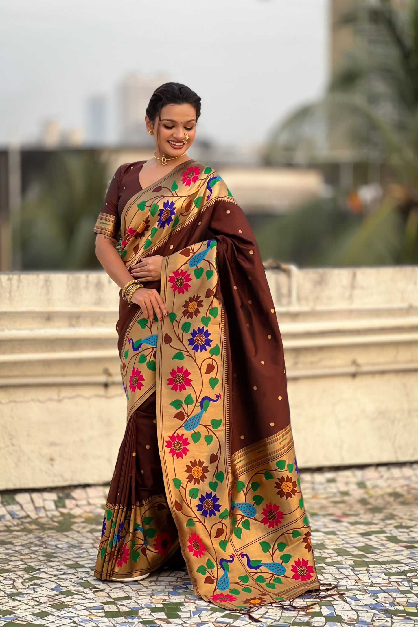 Brown Paithani Silk Saree with Peacock Floral Motifs Golden Zari Border