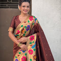 Brown Paithani Silk Saree with Peacock Floral Motifs Golden Zari Border