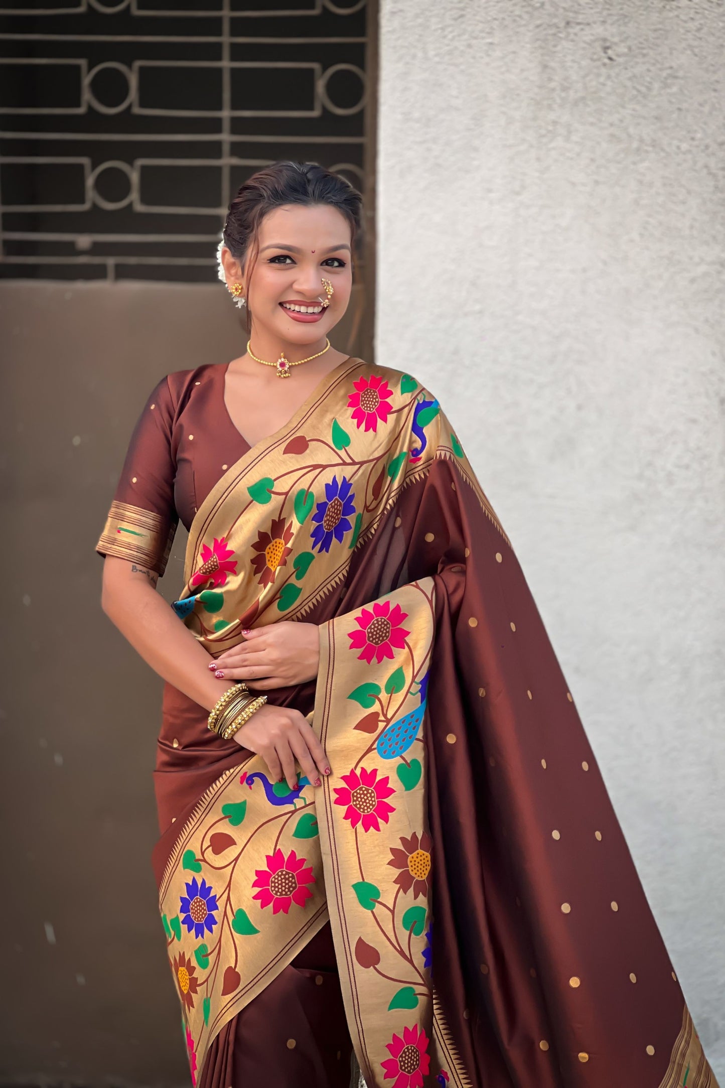 Brown Paithani Silk Saree with Peacock Floral Motifs Golden Zari Border