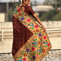 Brown Paithani Silk Saree with Peacock Floral Motifs Golden Zari Border
