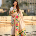 Cream Silk Saree with Multicolor Floral Peacock Motif Woven Border