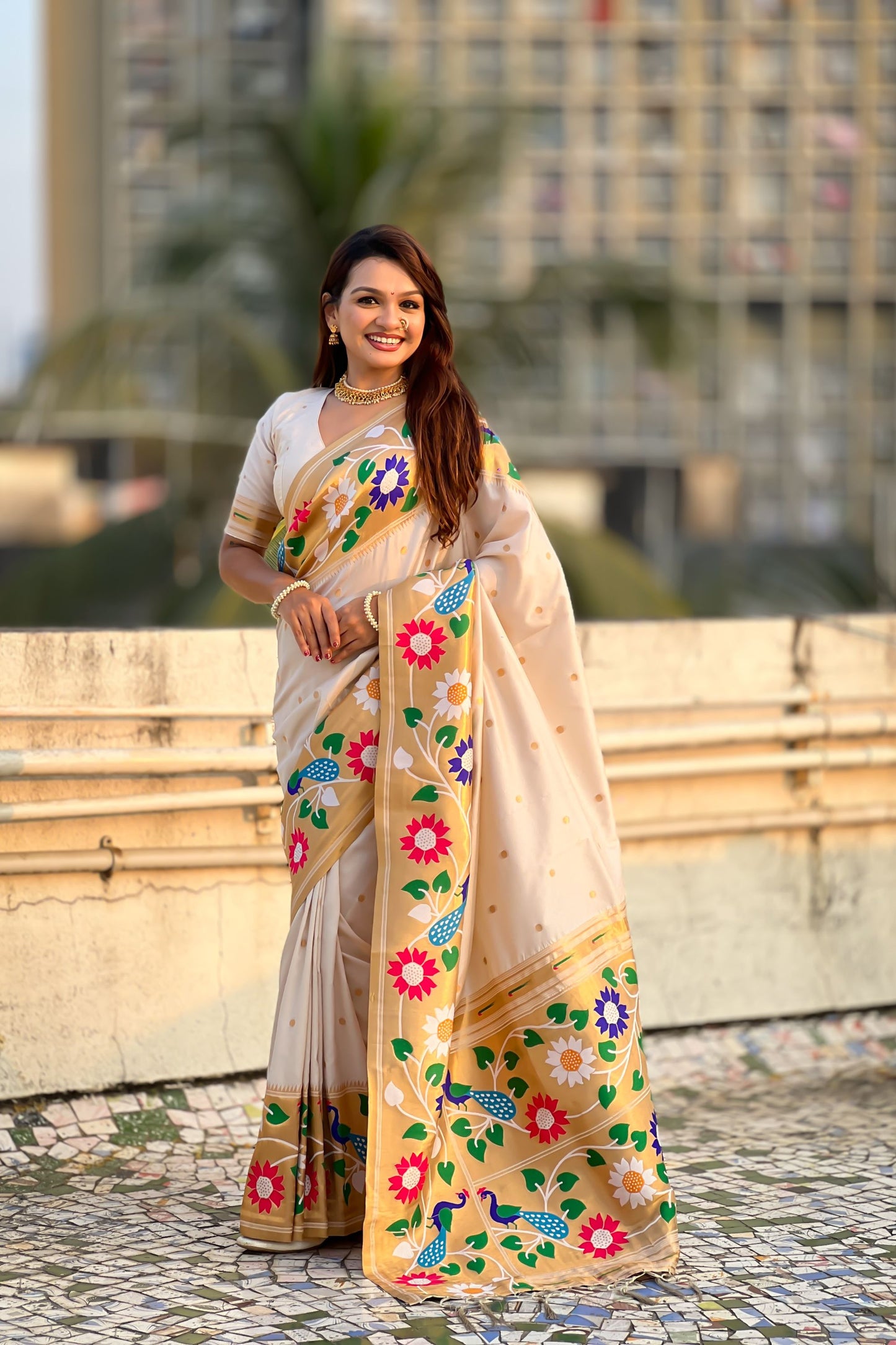 Cream Silk Saree with Multicolor Floral Peacock Motif Woven Border