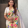Cream Silk Saree with Multicolor Floral Peacock Motif Woven Border