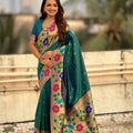 Dark Green Silk Saree with Multicolor Floral Peacock Motif Woven Border 