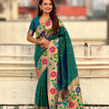 Dark Green Silk Saree with Multicolor Floral Peacock Motif Woven Border