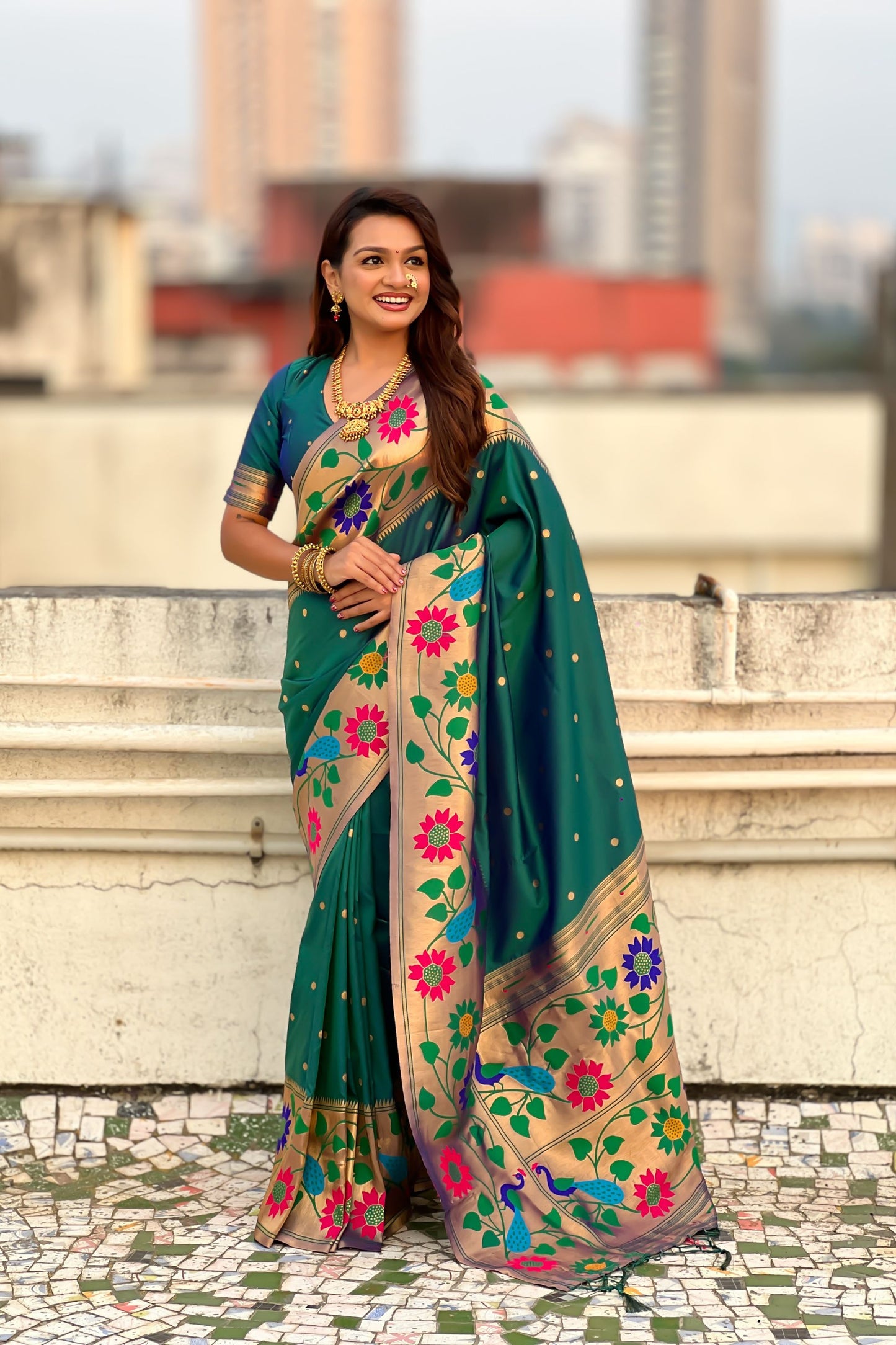 Dark Green Silk Saree with Multicolor Floral Peacock Motif Woven Border