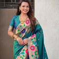 Dark Green Silk Saree with Multicolor Floral Peacock Motif Woven Border