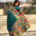 Dark Green Silk Saree with Multicolor Floral Peacock Motif Woven Border