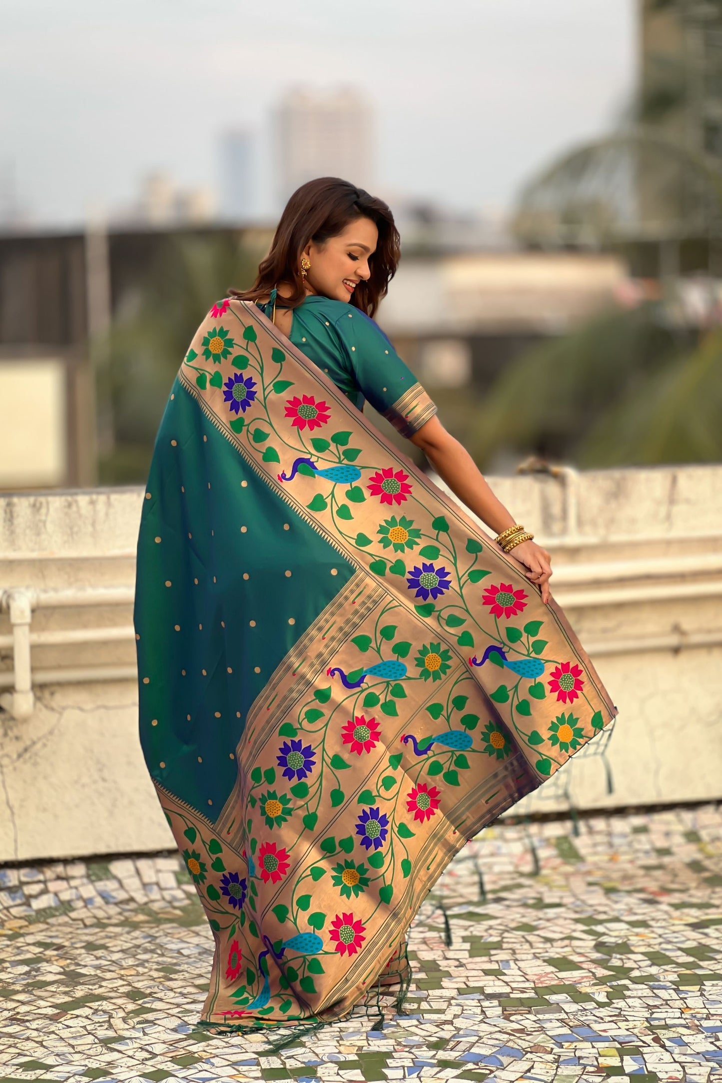 Dark Green Silk Saree with Multicolor Floral Peacock Motif Woven Border