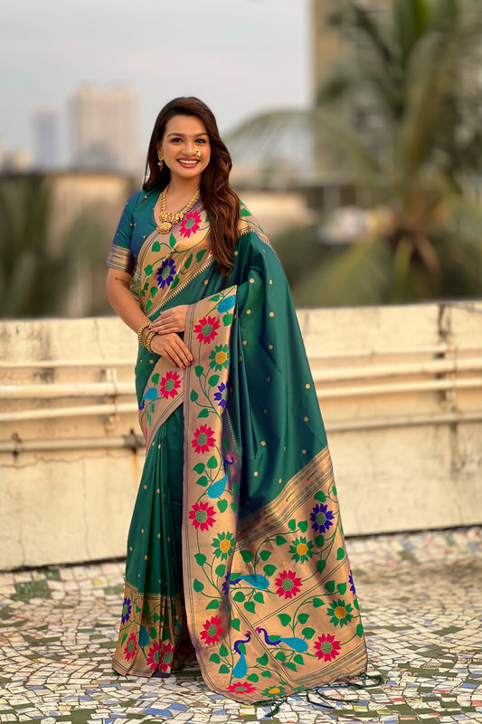 Dark Green Silk Saree with Multicolor Floral Peacock Motif Woven Border 