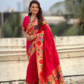 Red Silk Saree with Multicolor Floral Peacock Motif Woven Border 
