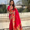 Red Silk Saree with Multicolor Floral Peacock Motif Woven Border