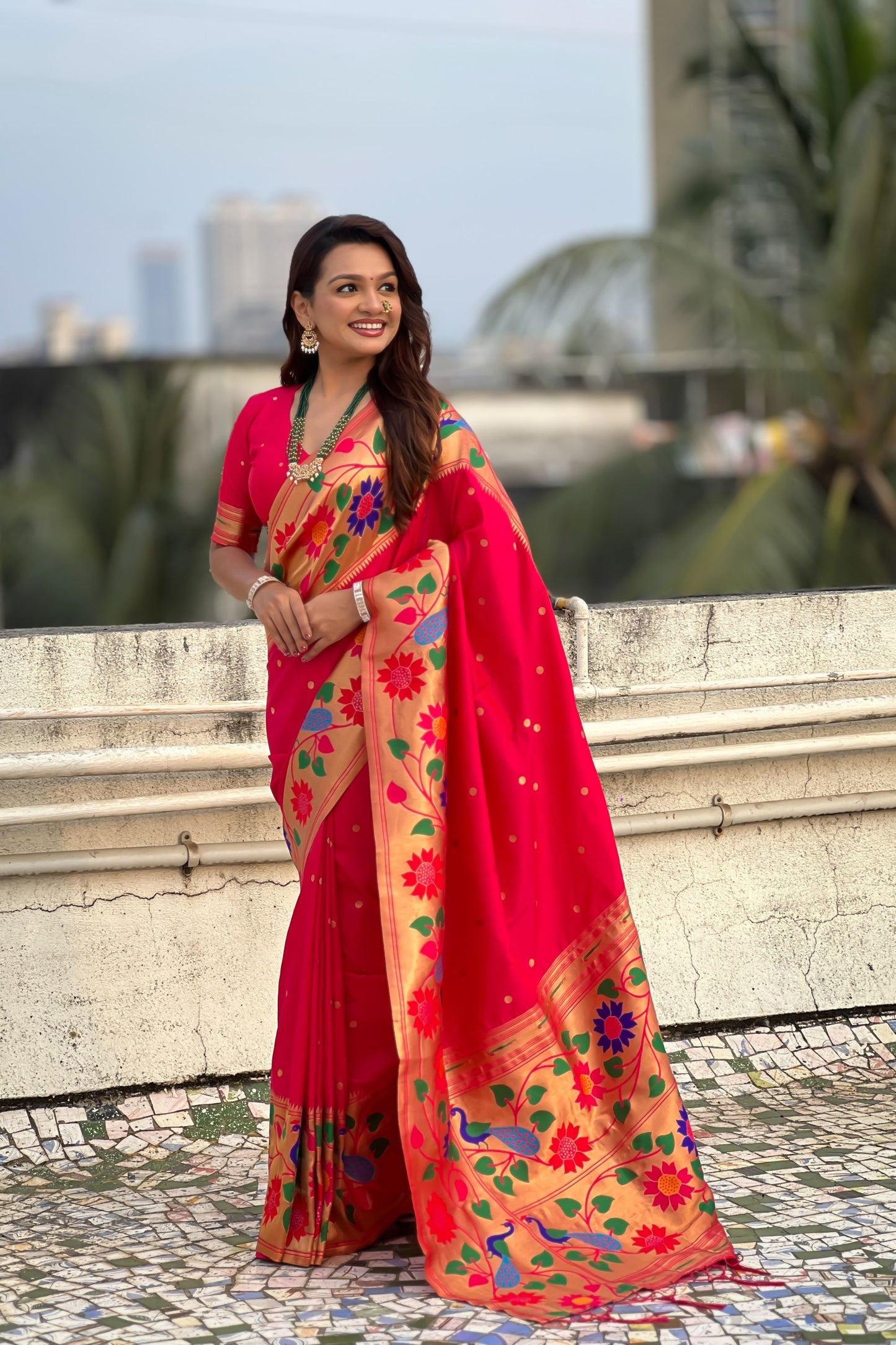 Red Silk Saree with Multicolor Floral Peacock Motif Woven Border