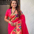 Red Silk Saree with Multicolor Floral Peacock Motif Woven Border