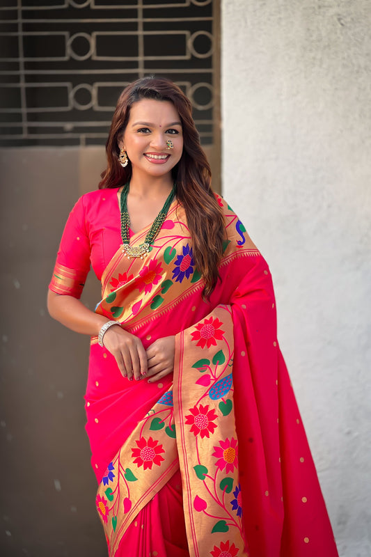 Red Silk Saree with Multicolor Floral Peacock Motif Woven Border