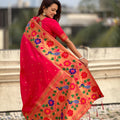 Red Silk Saree with Multicolor Floral Peacock Motif Woven Border