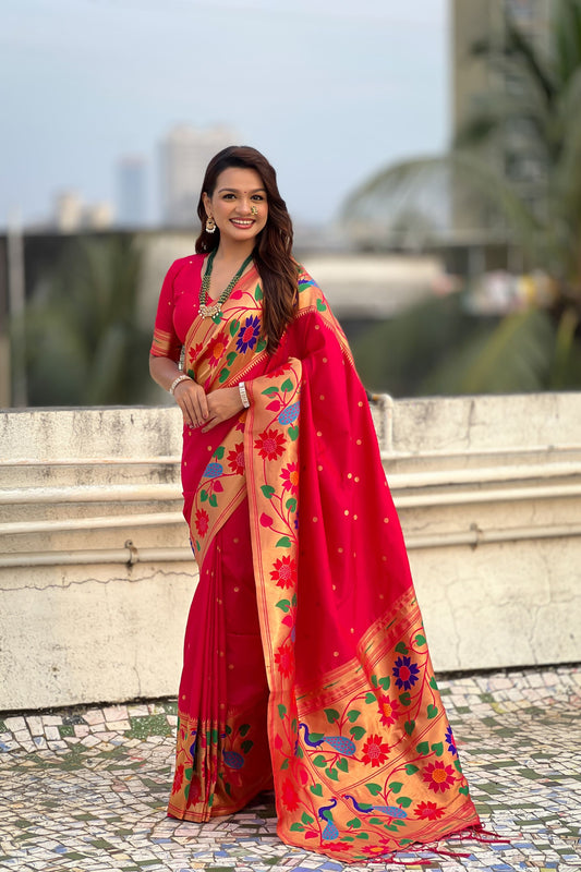 Red Silk Saree with Multicolor Floral Peacock Motif Woven Border 