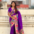 Purple Silk Saree with Multicolor Floral Peacock Motif Woven Border 