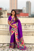 Purple Silk Saree with Multicolor Floral Peacock Motif Woven Border 