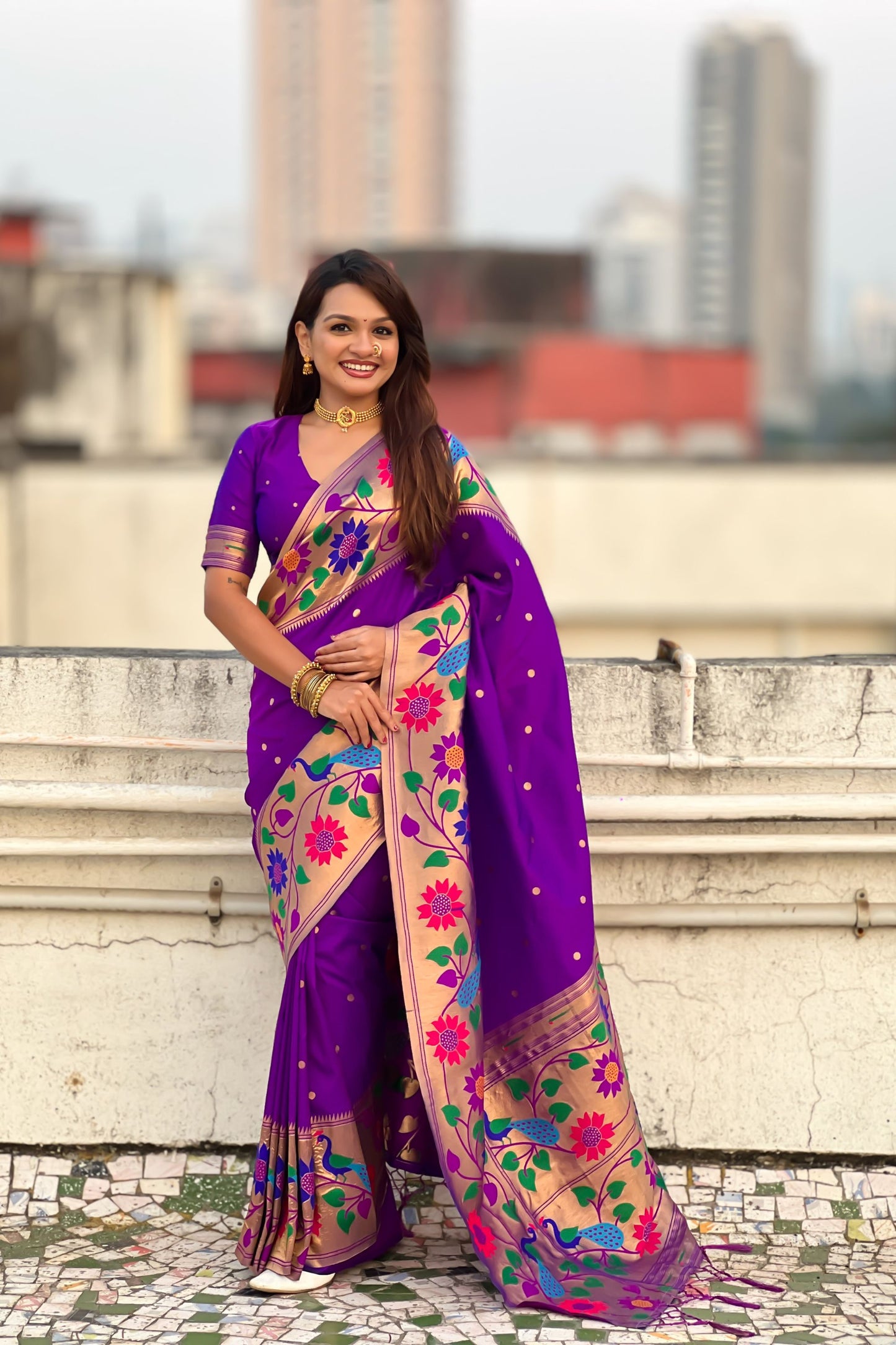 Purple Silk Saree with Multicolor Floral Peacock Motif Woven Border 